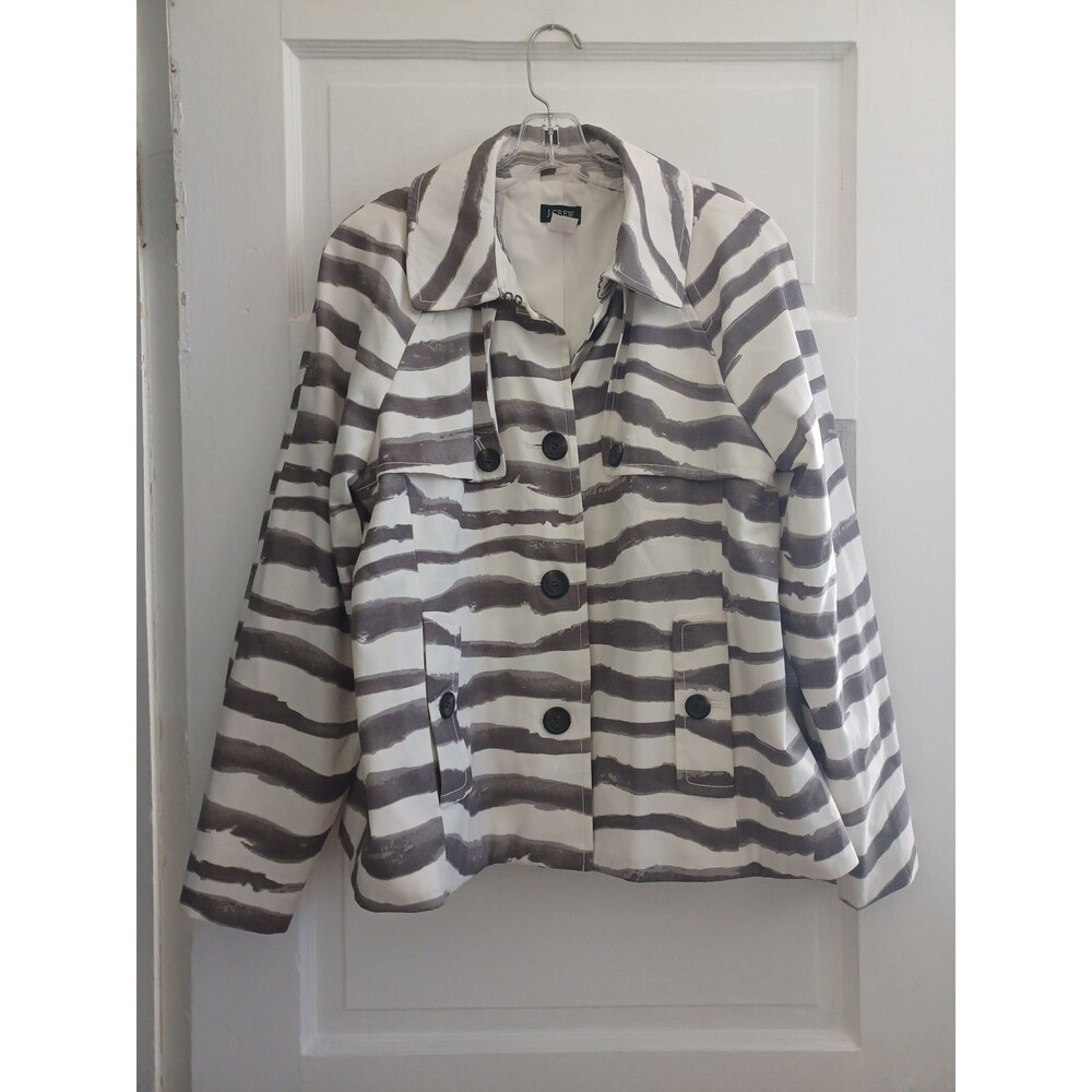 J. Crew zebra short swing jacket 12 gray animal print trench coat trendy classic